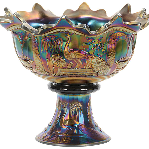 Carnival Glass, Peacock At The Fountain, Punch Bowl, Purple Iridescent, Northwood, 10 x 11 1/2 In.
