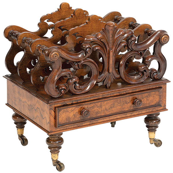 Furniture, Canterbury, Walnut, Carved, Leaf Design, Turned Legs, Brass Casters, 21 x 20 In.