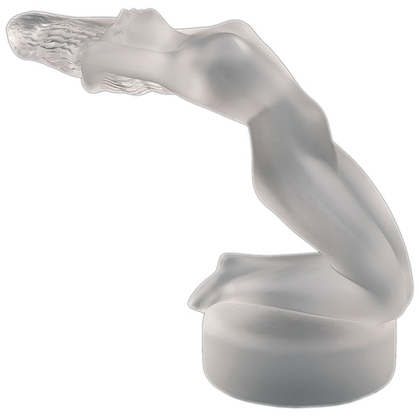 Lalique, Hood Ornament, Chrysis, Nude Woman, Kneeling, Frosted, 1925, 5 1/4 x 6 1/2 In.