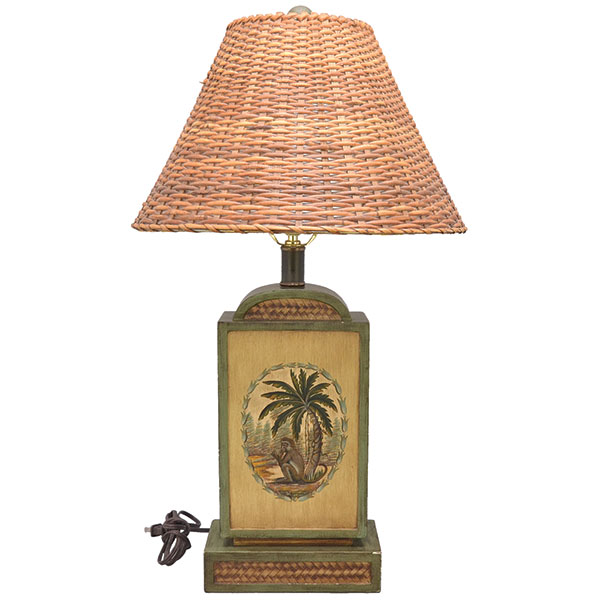 Lamp, Electric, Wood, Palm Tree, Monkey, Rattan Shade, Painted, 27 In.