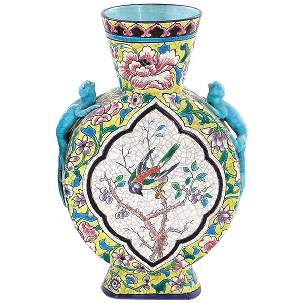 Longwy, Moon Flask, Chinoiserie Cloisonne Design, Faience, Mark, c.1880, 9 5/8 In., Pair