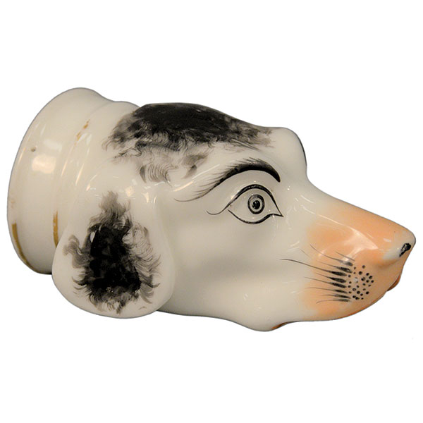 Staffordshire, Stirrup Cup, Dog’s Head, Black, White, Orange Nose, Glaze, 5 In.