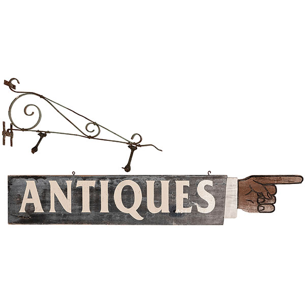 Store, Sign, Antiques, Arm Shape, Finger Pointing, Wood, White Letters ...