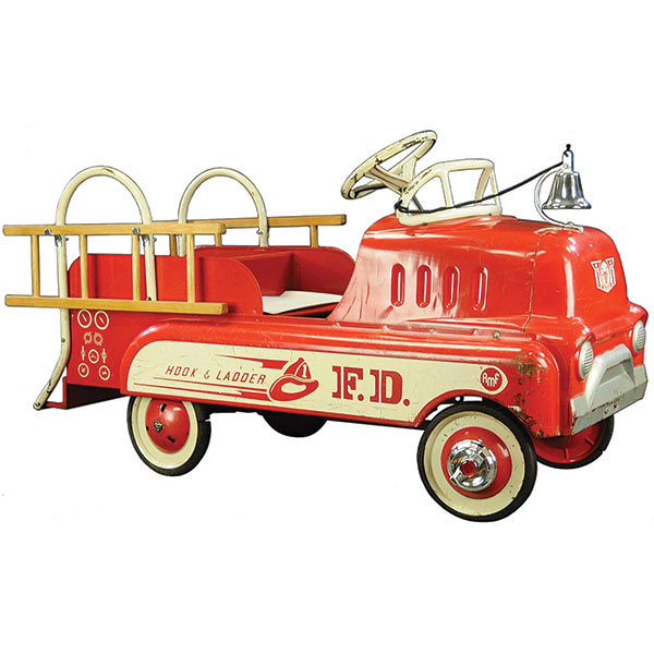 Toy, Pedal Car, Fire Truck, Hook & Ladder, F.D. No. 1, Metal, Wood Ladders, AMF, 44 In.