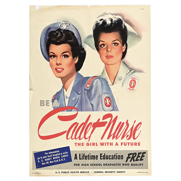 World War II Cadet Nurse poster, depicting two uniform variations and advertising benefits, part of five-poster lot that sold for $510.