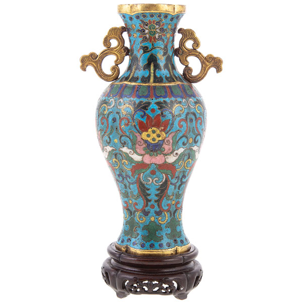 Cloisonne, Vase, Gilt Bronze, Quatrefoil, 2 Handles, Wood Stand, Chien Lung, 1700s, 6 1/2 In.