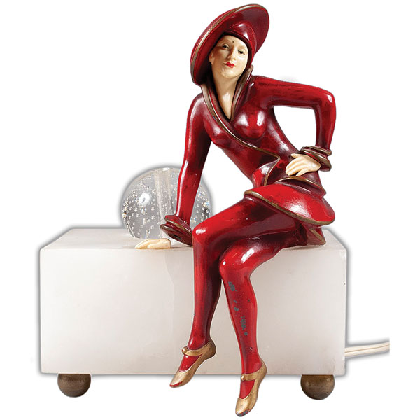 Art Deco, Lamp, Alabaster, Glass, Seated, Female Figure, Brass Ball Feet, J.B. Hirsch Gerdago, c.1950, 8 In.