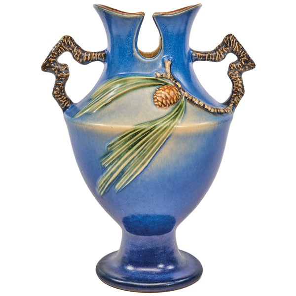 Roseville, Pinecone, Vase, Blue Ground, Shaped Rim & Handles, Pedestal Base, 10 1/2 x 8 In.