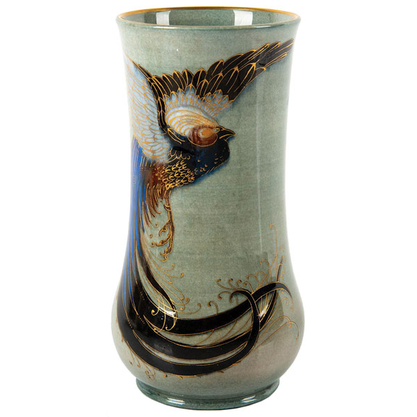 Royal Doulton, Vase, Titanian Ware, Mottled Blue Ground, Bird Of Paradise In Flight, c.1925, 7 In.