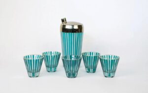 Midcentury modern glass cocktail set with teal stripes