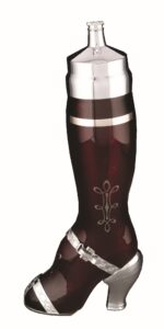 Ruby glass lady's leg cocktail shaker by Derby Shelton Silver Co.