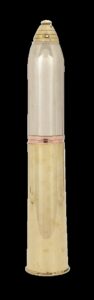 Silver plate, brass, and copper cocktail shaker shaped like an artillery shell by Gorham