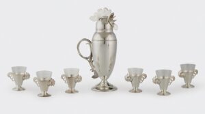 Silver rooster shaped cocktail service by Wallace Brothers with shaker and six cups