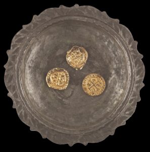 Movie prop metal dish with three gold painted coins
