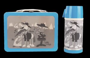 Prototype lunch box and Thermos with black and white Dudley Do-Right image and light blue trim