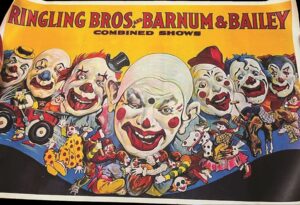 Ringling Bros. and Barnum & Bailey Combined Shows poster with caricatures of 7 clowns, yellow background