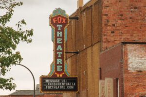 Marquee With "Fox Theatre" in orange and light blue lights
