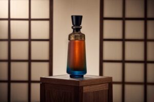 Orange and blue whisky bottle on top of a box with screen in background