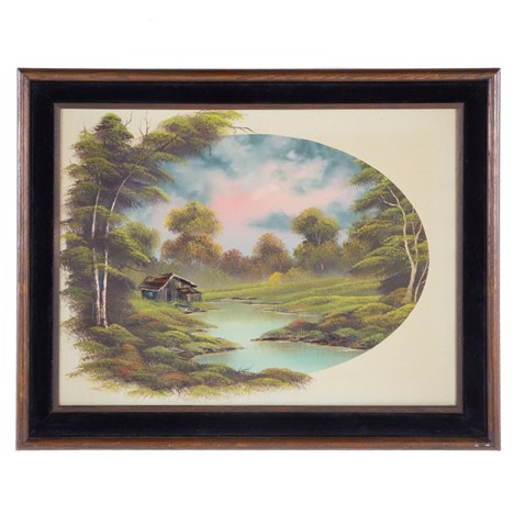 A rectangular painting with a landscape in an oval shape
