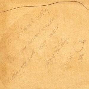 A handwritten, signed inscription on the back of a painting