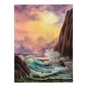 Seascape painting with waves between 2 cliffs and a cloudy yellow and orange sky