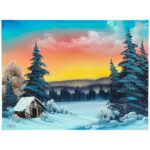 Snowy landscape with tall evergreen trees, a small cabin, and yellow and orange sky