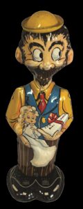 Windup toy of a standing man "B.O. Plenty" holding a baby