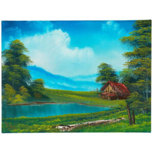 Landscape with a lake and small house framed by 2 tall evergreen trees