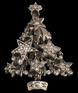 Silver tone Christmas tree pin with rhinestone star ornaments