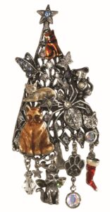 Silver tone Christmas tree pin with cats and hanging charms