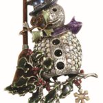Silver tone pin with snowman, pine, and holly branches, decorated with clear gems and colorful enamel