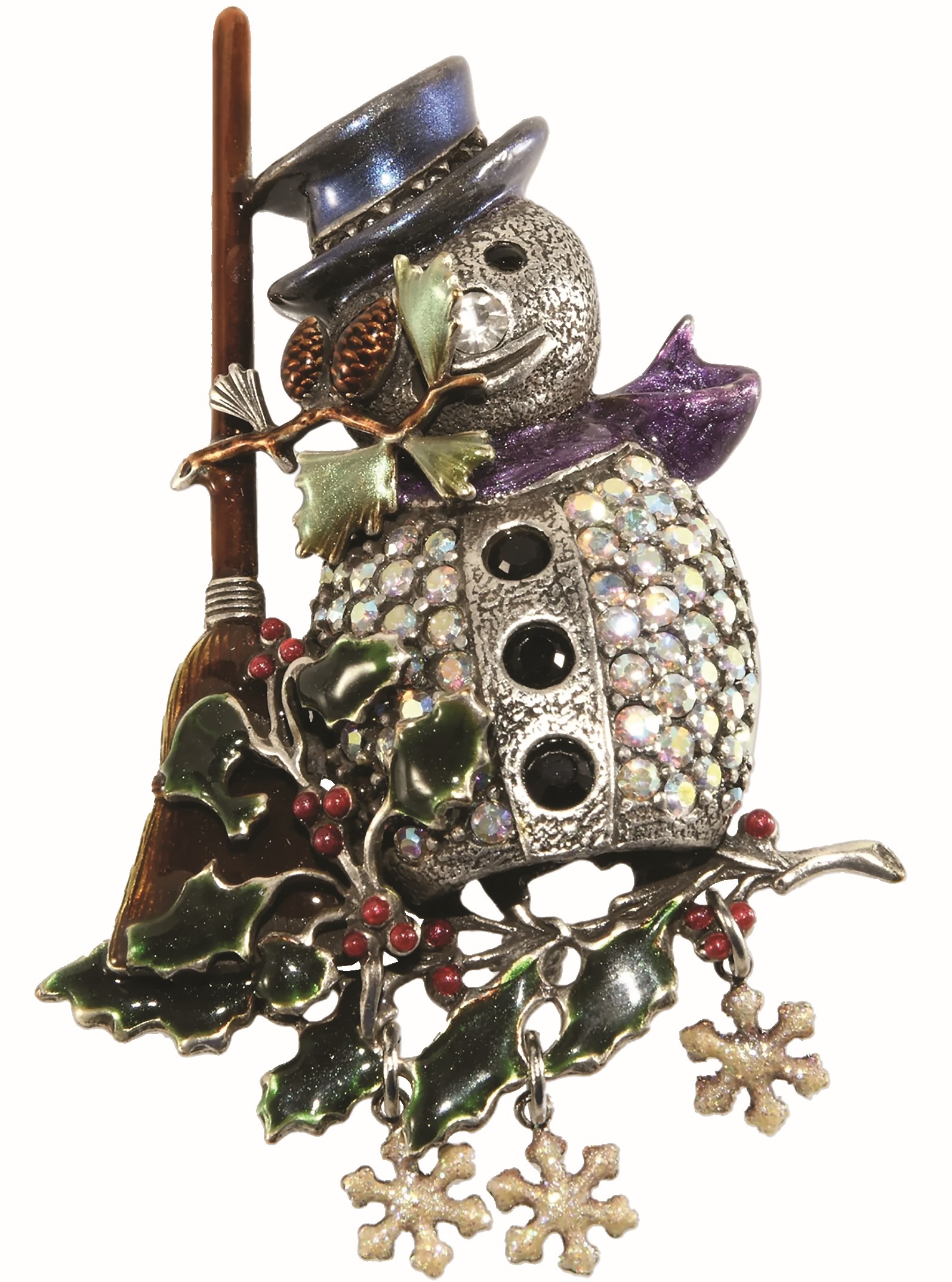 Silver tone pin with snowman, pine, and holly branches, decorated with clear gems and colorful enamel