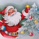 Image from a Christmas card with a cartoon Santa Claus placing colorful ornaments on a frosted tree