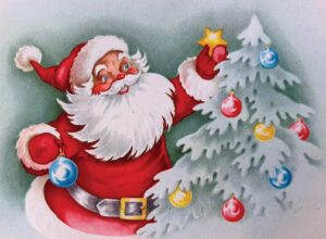Image from a Christmas card with a cartoon Santa Claus placing colorful ornaments on a frosted tree