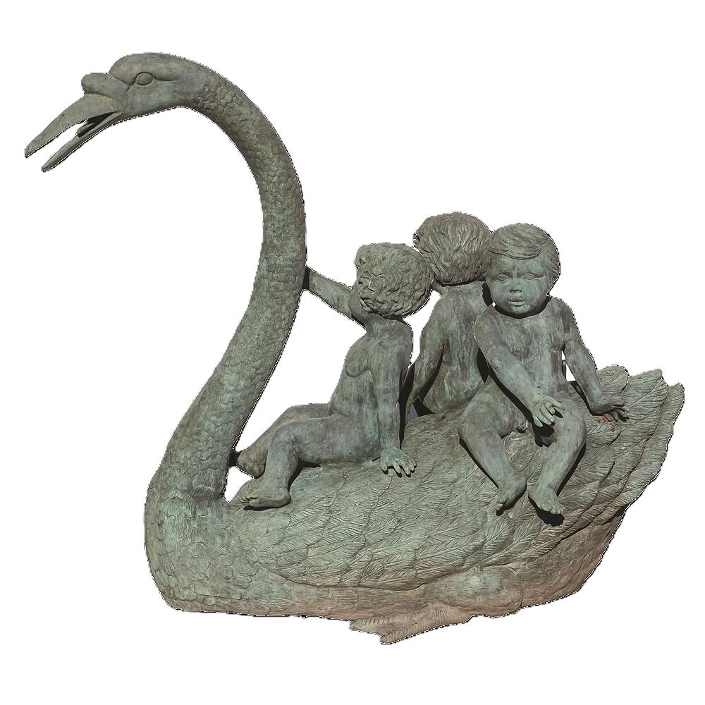 Bronze swan statue with 3 small cherubs seated on its back