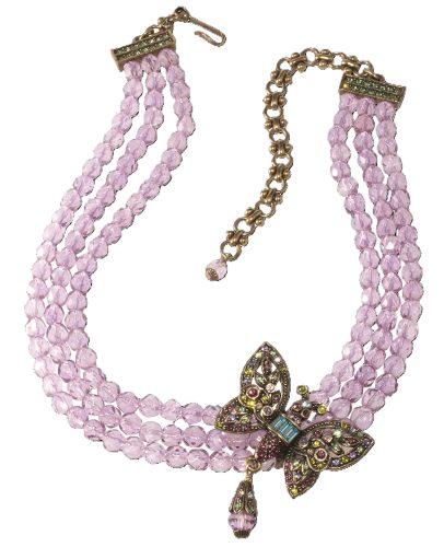 Necklace with 3 strands of pink beads and a butterfly and drop pendant with multicolor clear stones