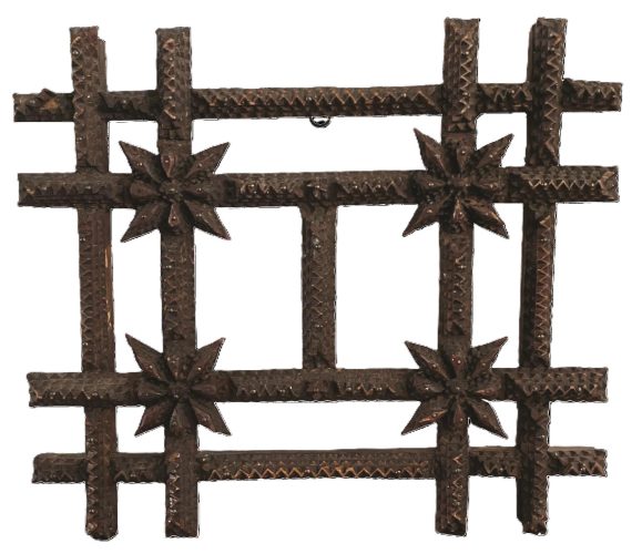 Openwork double frame in dark wood with carved 4-pointed stars in corners